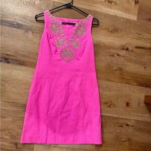 Lilly Pulitzer Vibrant Pink Dress with Gold Embroidery